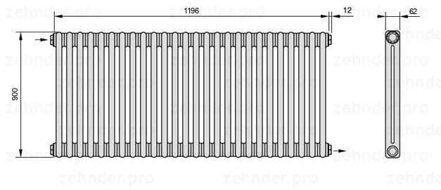Схема (чертеж) Радиатор Zehnder Charleston 2090/26 №1670 Белый глянцевый RAL 9016
